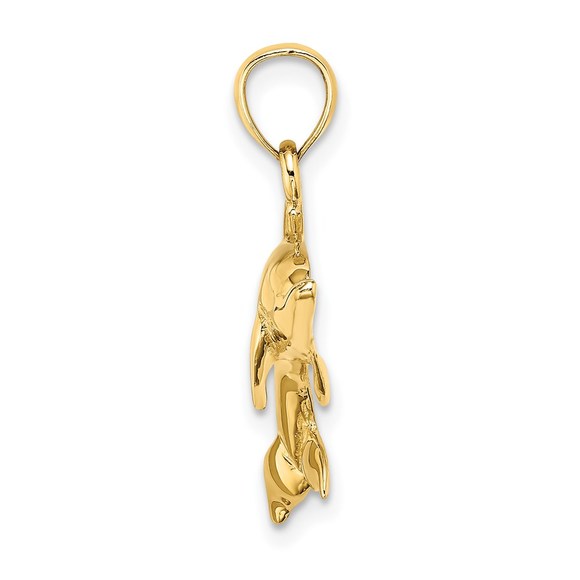 14k Yellow Gold Polished Swimming Dolphin Nautical Necklace Charm Pendant - Picture 2 of 4